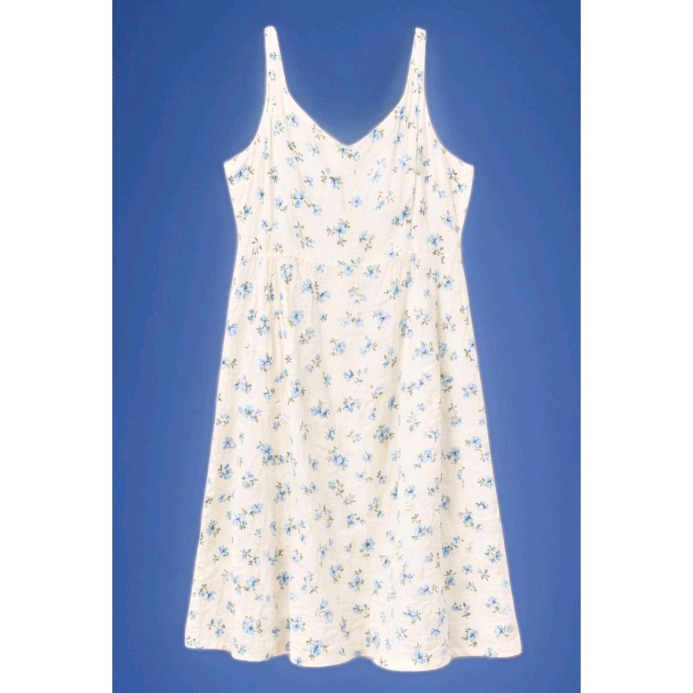 Old Navy Sun Dress 4x White Blue Floral Midi Linen Smocked Cottage Summer pocket